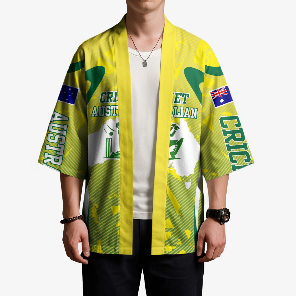 Cricket Australian Kimono Map Silhouette With Green And Gold Geometric Pattern