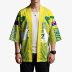 Cricket Australian Kimono Map Silhouette With Green And Gold Geometric Pattern