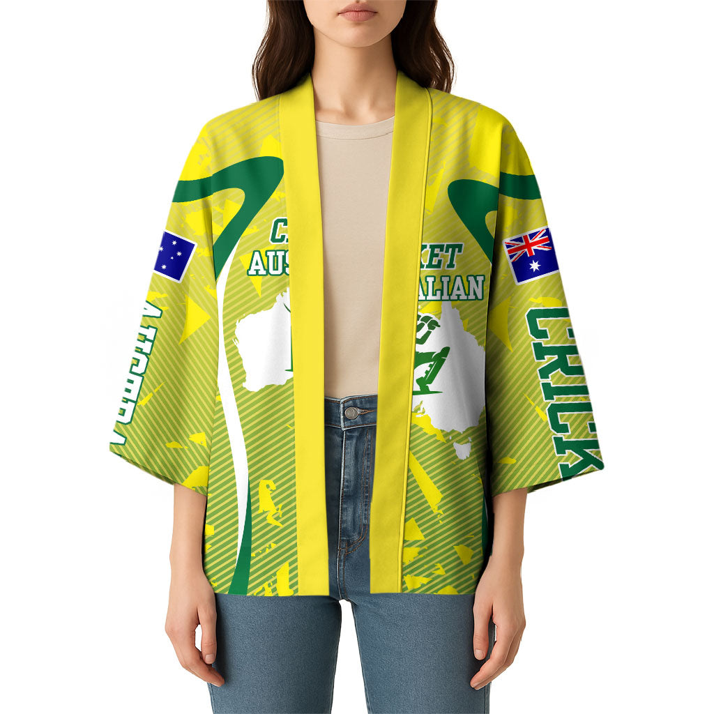 Cricket Australian Kimono Map Silhouette With Green And Gold Geometric Pattern