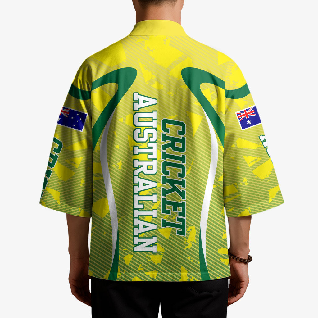 Cricket Australian Kimono Map Silhouette With Green And Gold Geometric Pattern