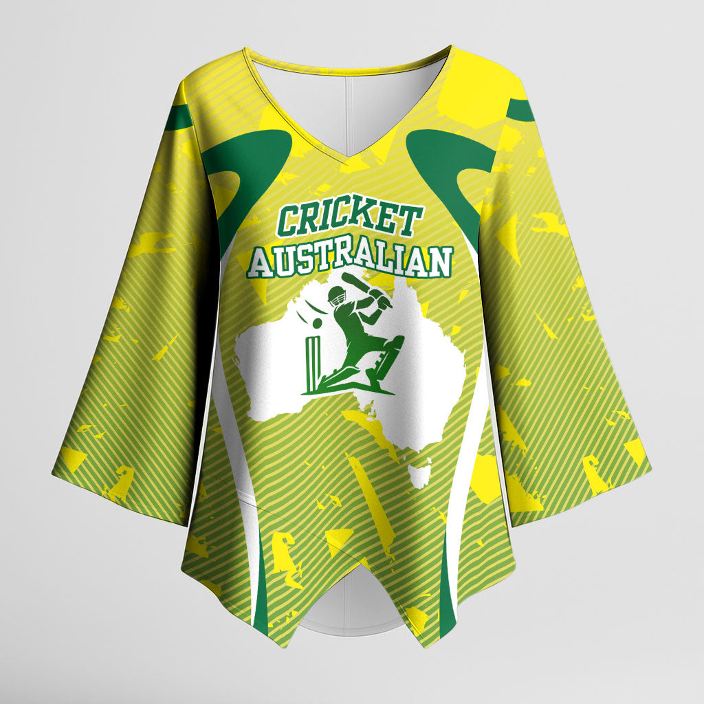 Cricket Australian Kimono Sleeve Blouse Map Silhouette With Green And Gold Geometric Pattern