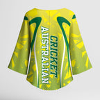 Cricket Australian Kimono Sleeve Blouse Map Silhouette With Green And Gold Geometric Pattern