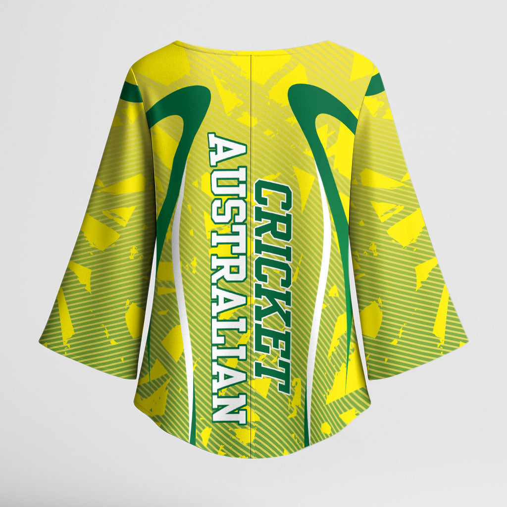 Cricket Australian Kimono Sleeve Blouse Map Silhouette With Green And Gold Geometric Pattern