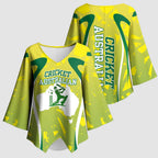 Cricket Australian Kimono Sleeve Blouse Map Silhouette With Green And Gold Geometric Pattern
