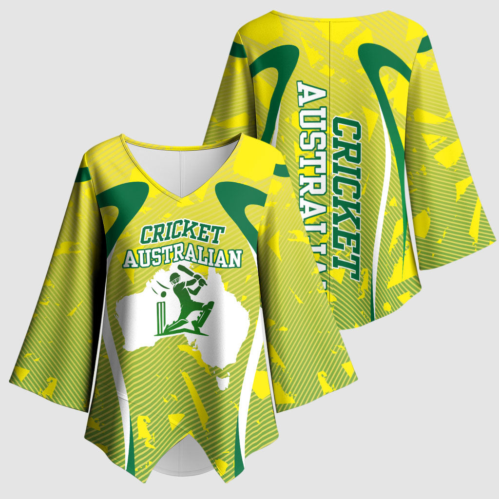Cricket Australian Kimono Sleeve Blouse Map Silhouette With Green And Gold Geometric Pattern
