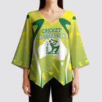 Cricket Australian Kimono Sleeve Blouse Map Silhouette With Green And Gold Geometric Pattern