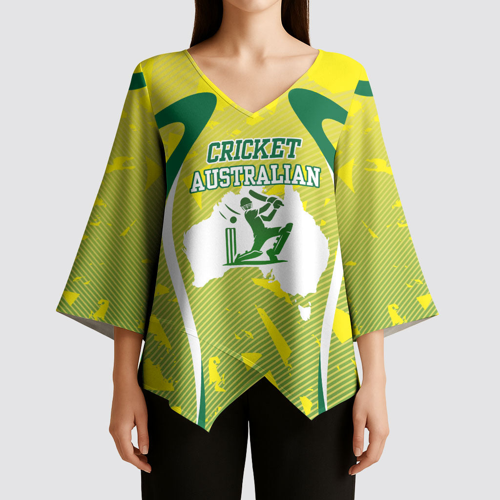 Cricket Australian Kimono Sleeve Blouse Map Silhouette With Green And Gold Geometric Pattern
