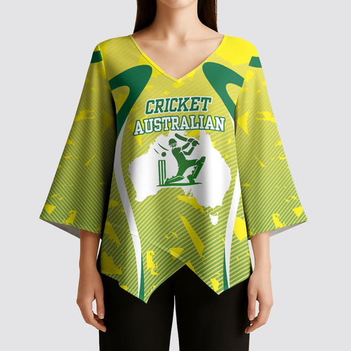Cricket Australian Kimono Sleeve Blouse Map Silhouette With Green And Gold Geometric Pattern