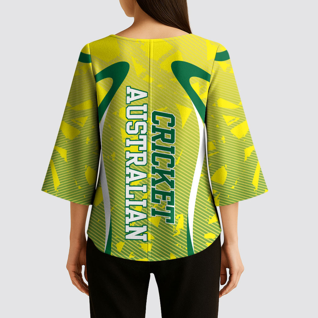 Cricket Australian Kimono Sleeve Blouse Map Silhouette With Green And Gold Geometric Pattern