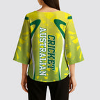 Cricket Australian Kimono Sleeve Blouse Map Silhouette With Green And Gold Geometric Pattern