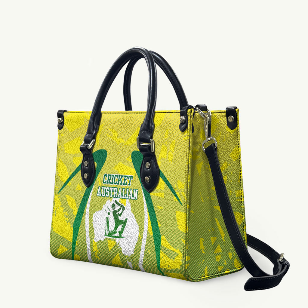 Cricket Australian Leather Bag Map Silhouette With Green And Gold Geometric Pattern