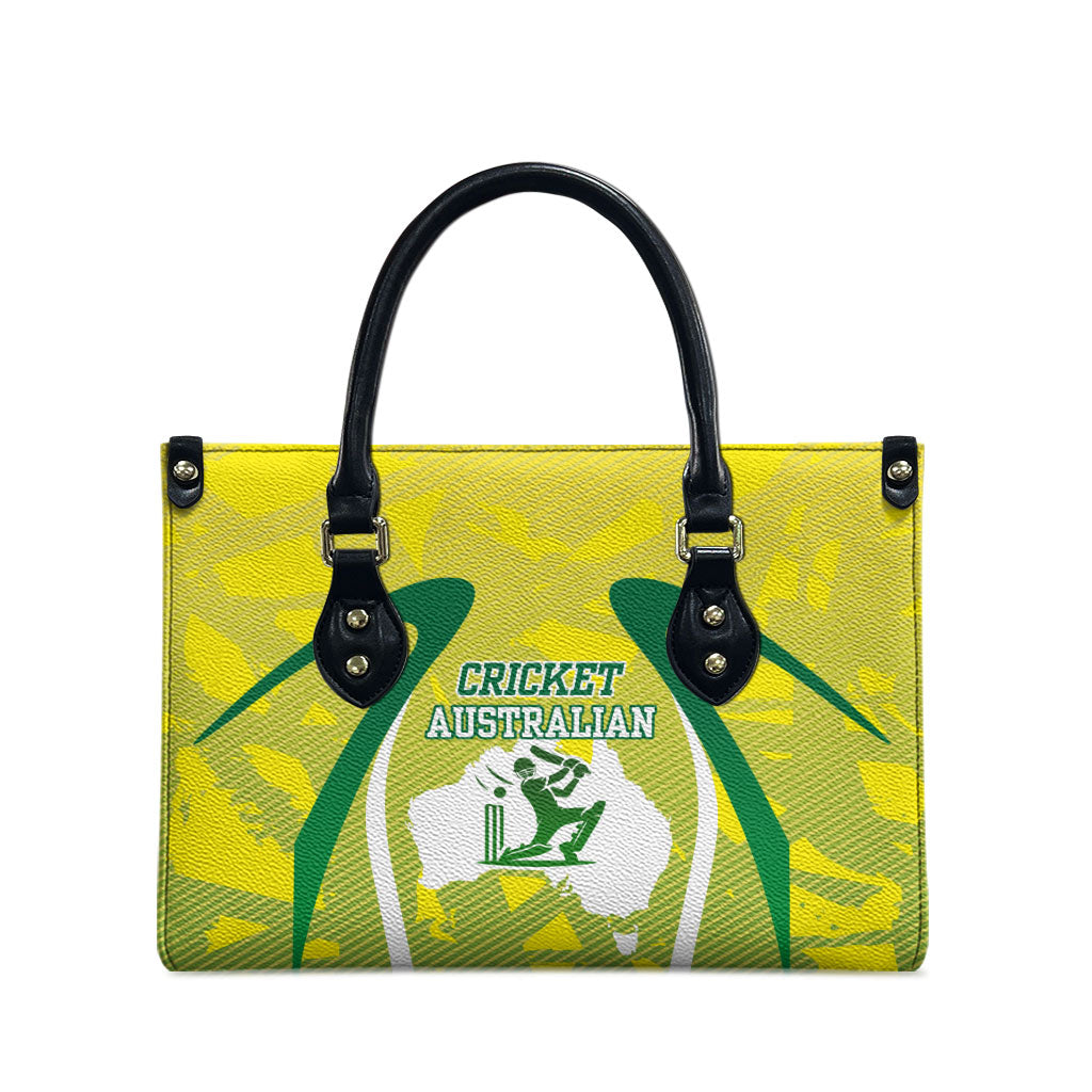 Cricket Australian Leather Bag Map Silhouette With Green And Gold Geometric Pattern