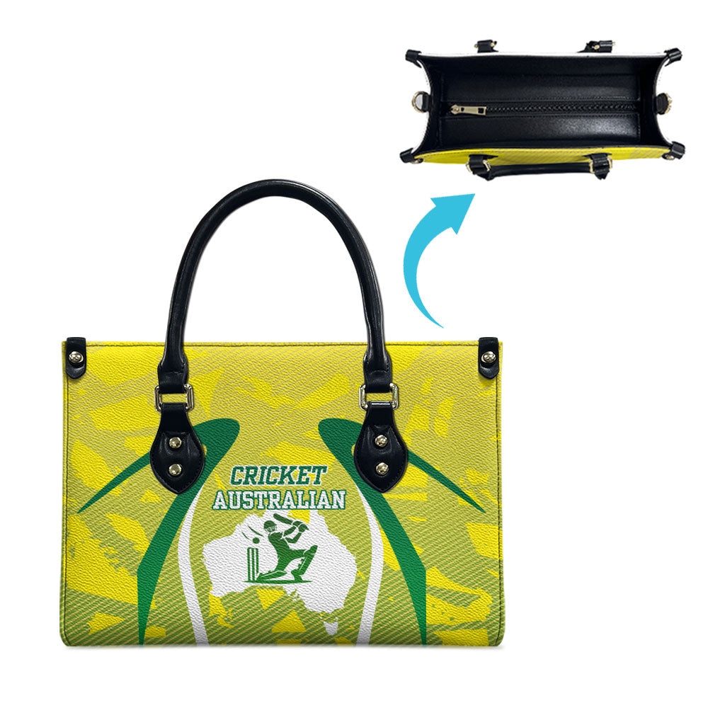 Cricket Australian Leather Bag Map Silhouette With Green And Gold Geometric Pattern