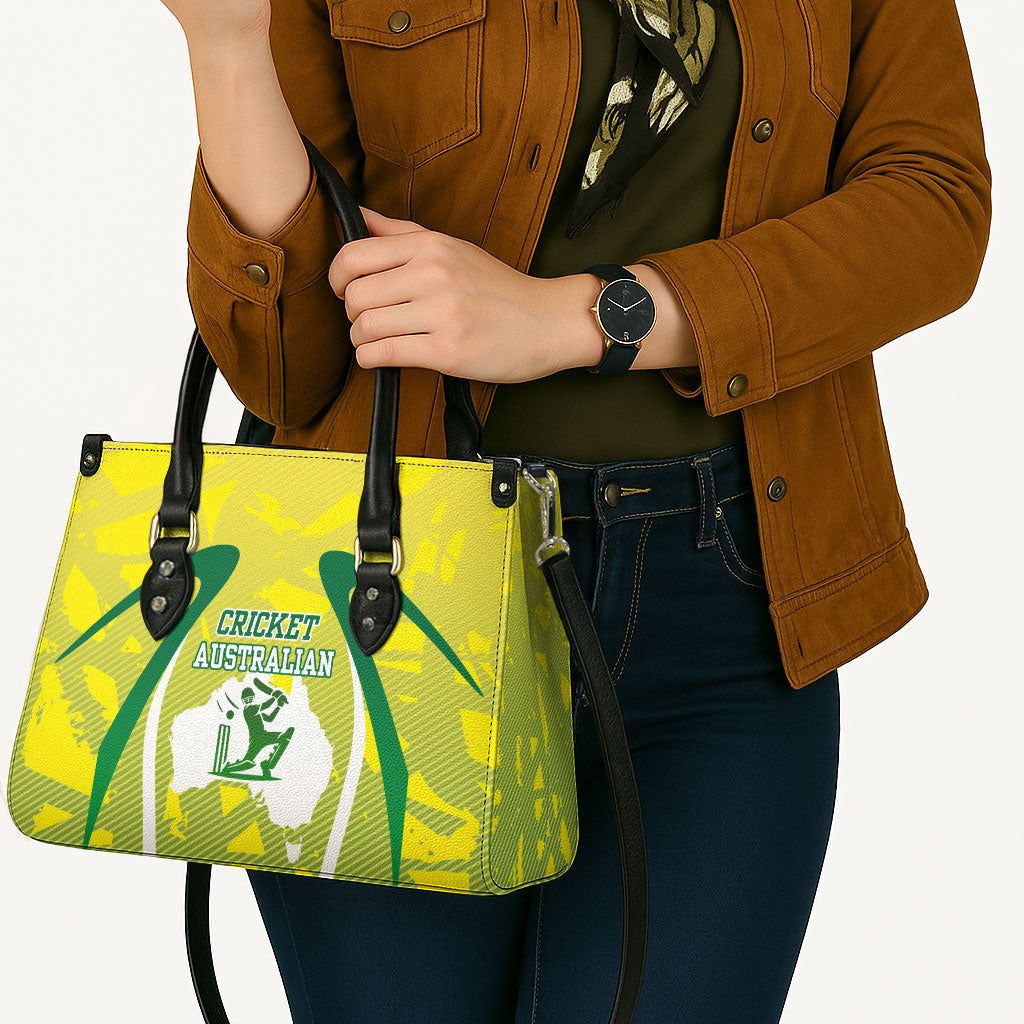 Cricket Australian Leather Bag Map Silhouette With Green And Gold Geometric Pattern