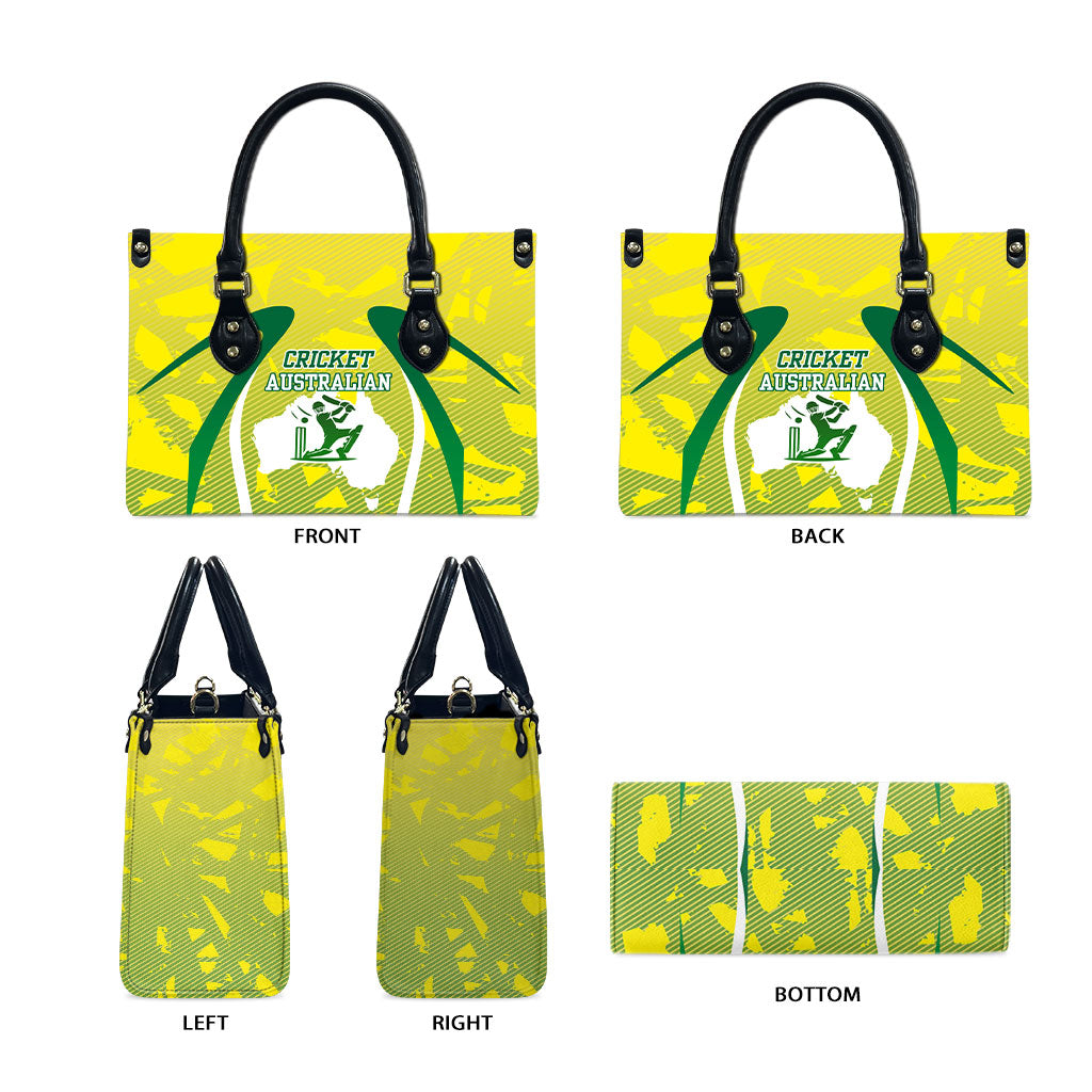 Cricket Australian Leather Bag Map Silhouette With Green And Gold Geometric Pattern