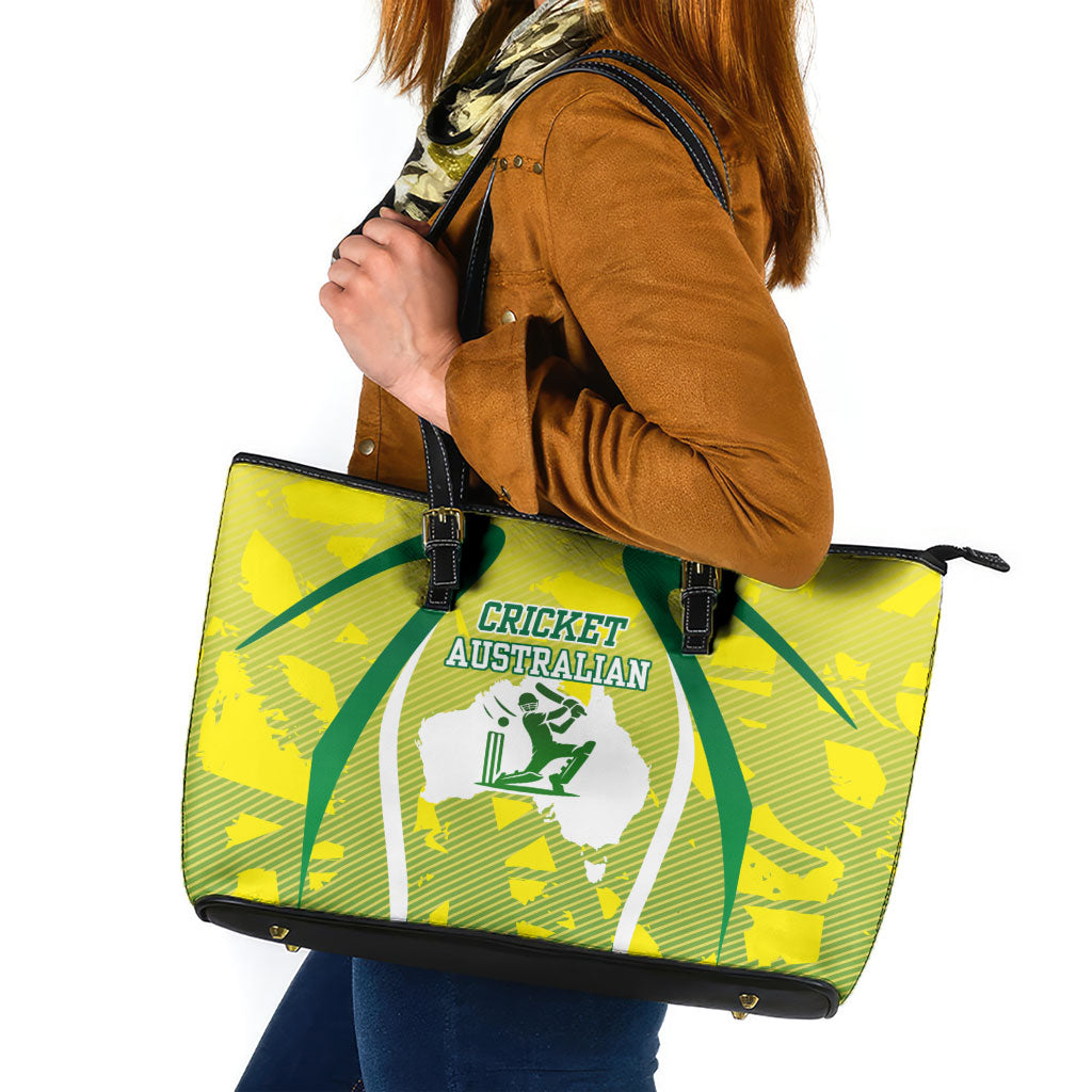 Cricket Australian Leather Tote Bag Map Silhouette With Green And Gold Geometric Pattern