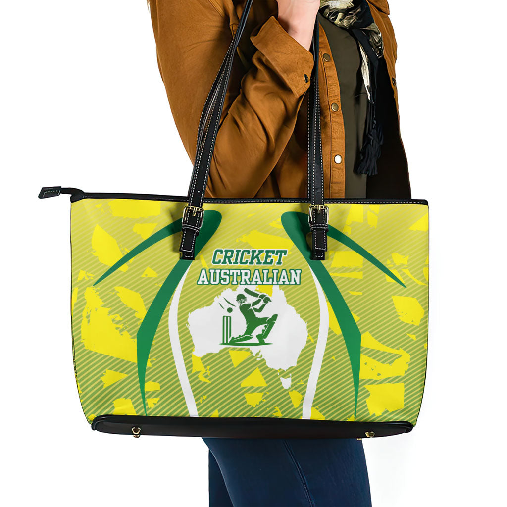 Cricket Australian Leather Tote Bag Map Silhouette With Green And Gold Geometric Pattern