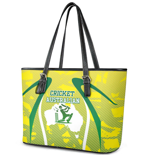 Cricket Australian Leather Tote Bag Map Silhouette With Green And Gold Geometric Pattern