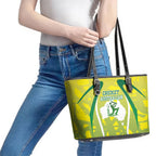 Cricket Australian Leather Tote Bag Map Silhouette With Green And Gold Geometric Pattern