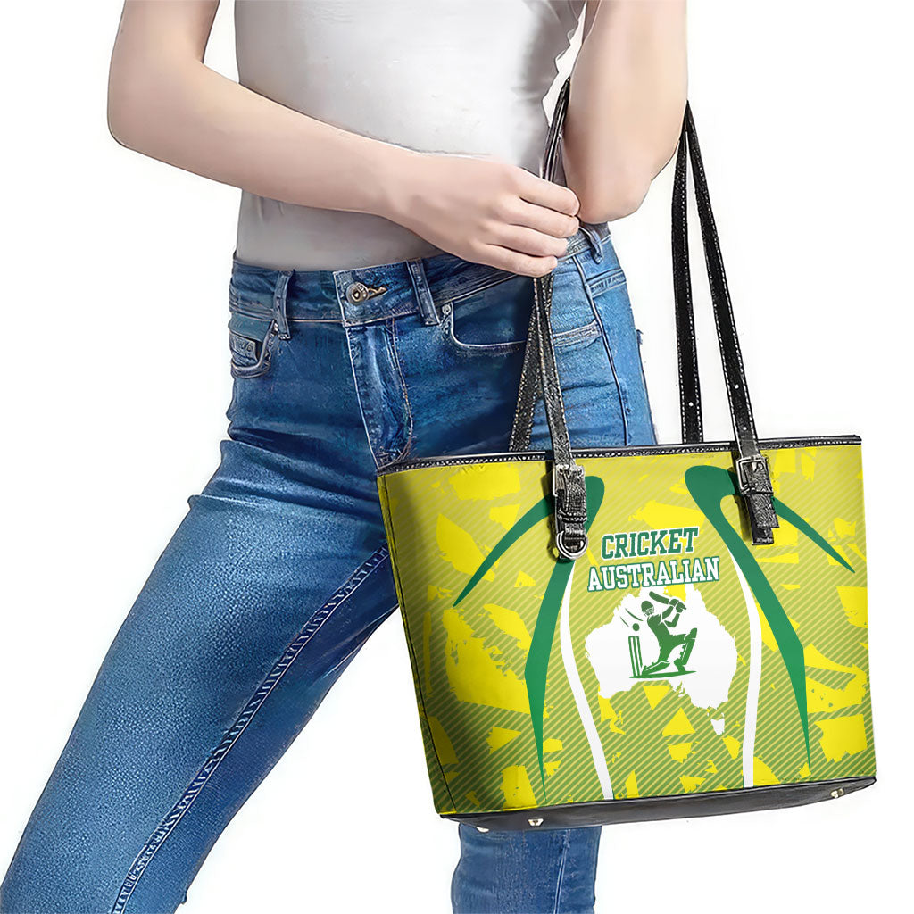 Cricket Australian Leather Tote Bag Map Silhouette With Green And Gold Geometric Pattern