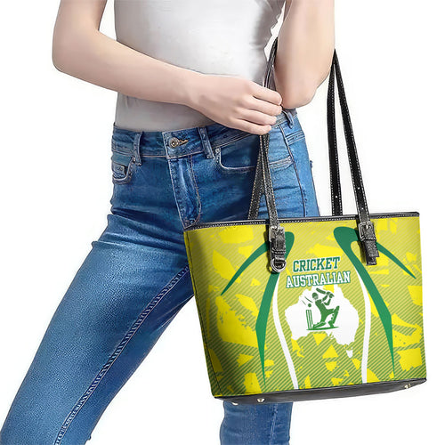 Cricket Australian Leather Tote Bag Map Silhouette With Green And Gold Geometric Pattern