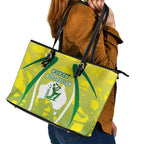Cricket Australian Leather Tote Bag Map Silhouette With Green And Gold Geometric Pattern