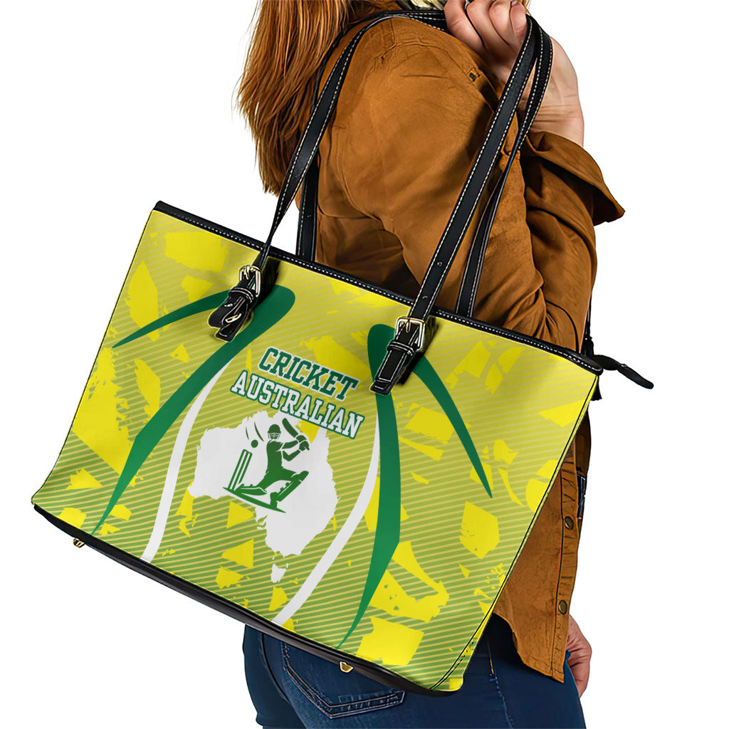 Cricket Australian Leather Tote Bag Map Silhouette With Green And Gold Geometric Pattern