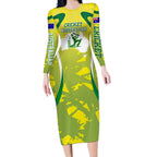 Cricket Australian Long Sleeve Bodycon Dress Map Silhouette With Green And Gold Geometric Pattern