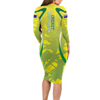 Cricket Australian Long Sleeve Bodycon Dress Map Silhouette With Green And Gold Geometric Pattern