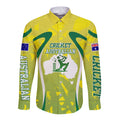 Cricket Australian Long Sleeve Button Shirt Map Silhouette With Green And Gold Geometric Pattern