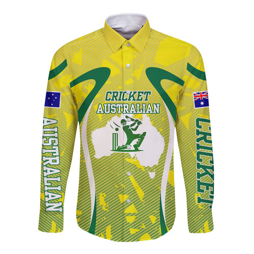 Cricket Australian Long Sleeve Button Shirt Map Silhouette With Green And Gold Geometric Pattern