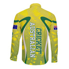 Cricket Australian Long Sleeve Button Shirt Map Silhouette With Green And Gold Geometric Pattern