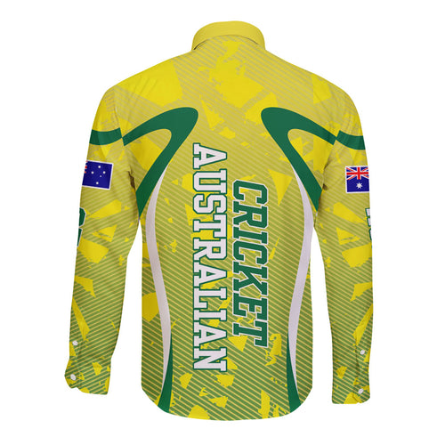 Cricket Australian Long Sleeve Button Shirt Map Silhouette With Green And Gold Geometric Pattern