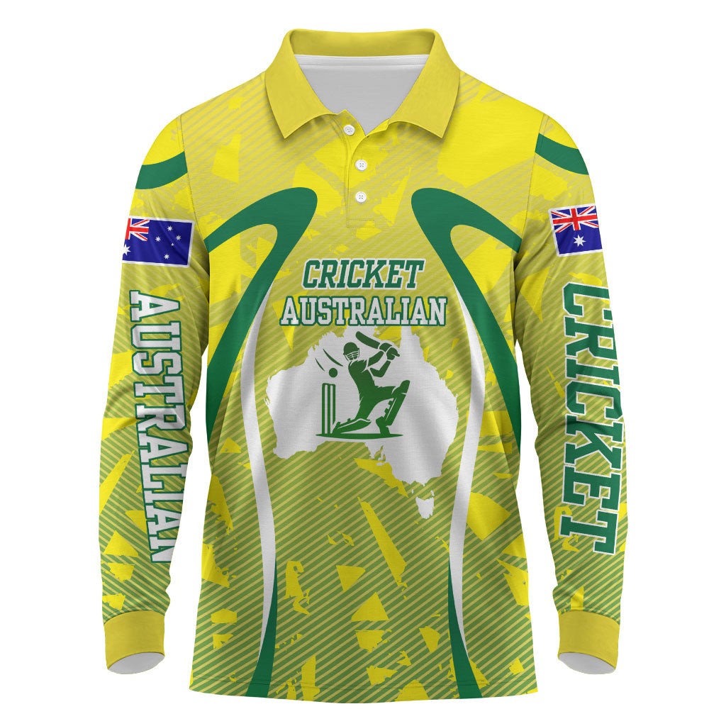 Cricket Australian Long Sleeve Polo Shirt Map Silhouette With Green And Gold Geometric Pattern