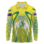 Cricket Australian Long Sleeve Polo Shirt Map Silhouette With Green And Gold Geometric Pattern