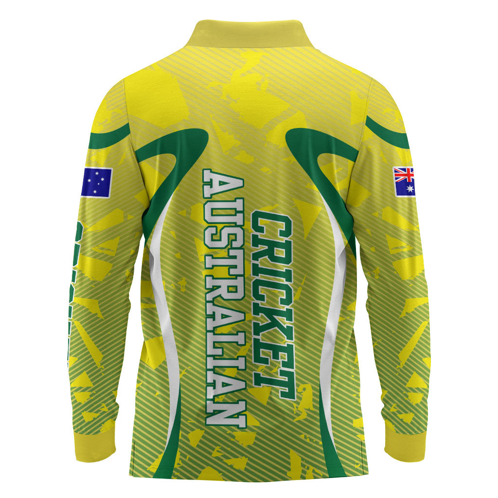 Cricket Australian Long Sleeve Polo Shirt Map Silhouette With Green And Gold Geometric Pattern
