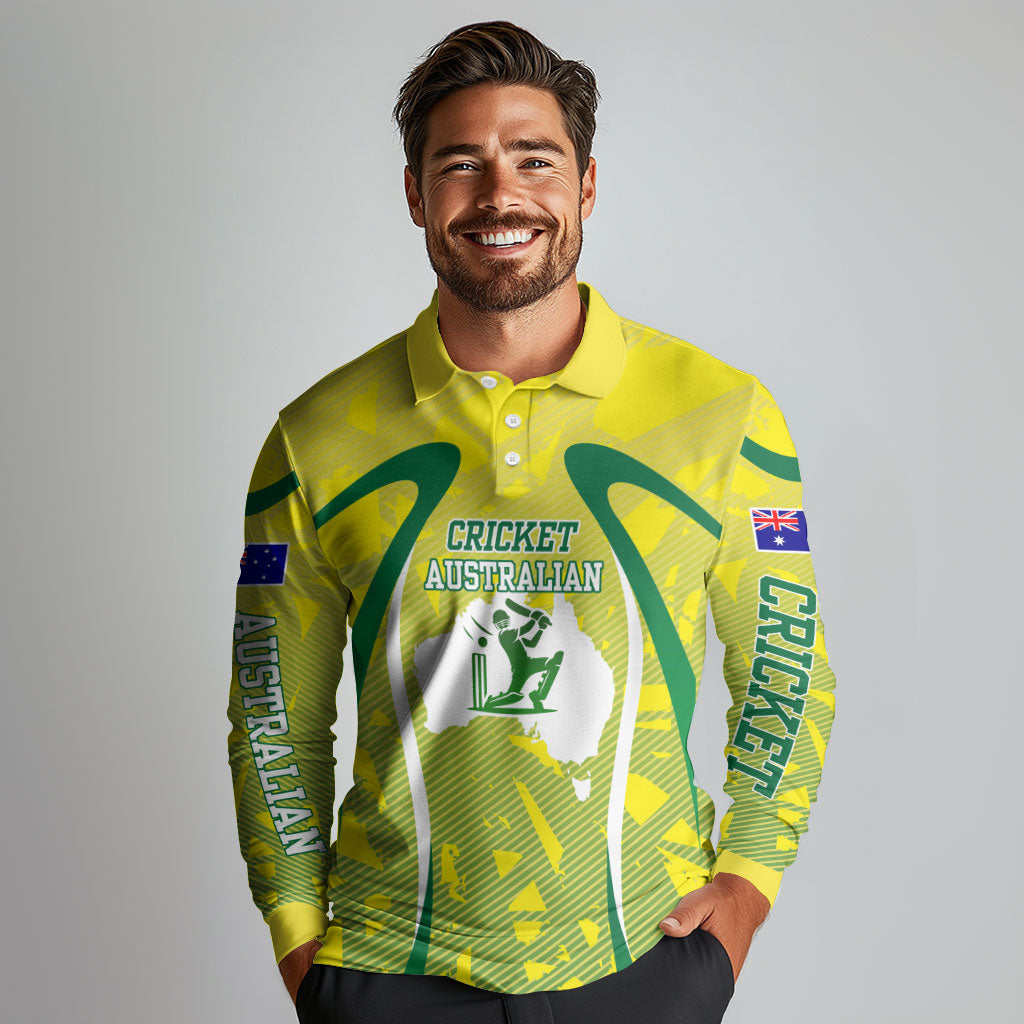 Cricket Australian Long Sleeve Polo Shirt Map Silhouette With Green And Gold Geometric Pattern