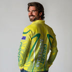 Cricket Australian Long Sleeve Polo Shirt Map Silhouette With Green And Gold Geometric Pattern