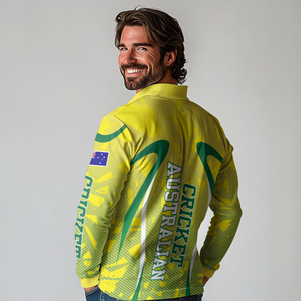 Cricket Australian Long Sleeve Polo Shirt Map Silhouette With Green And Gold Geometric Pattern