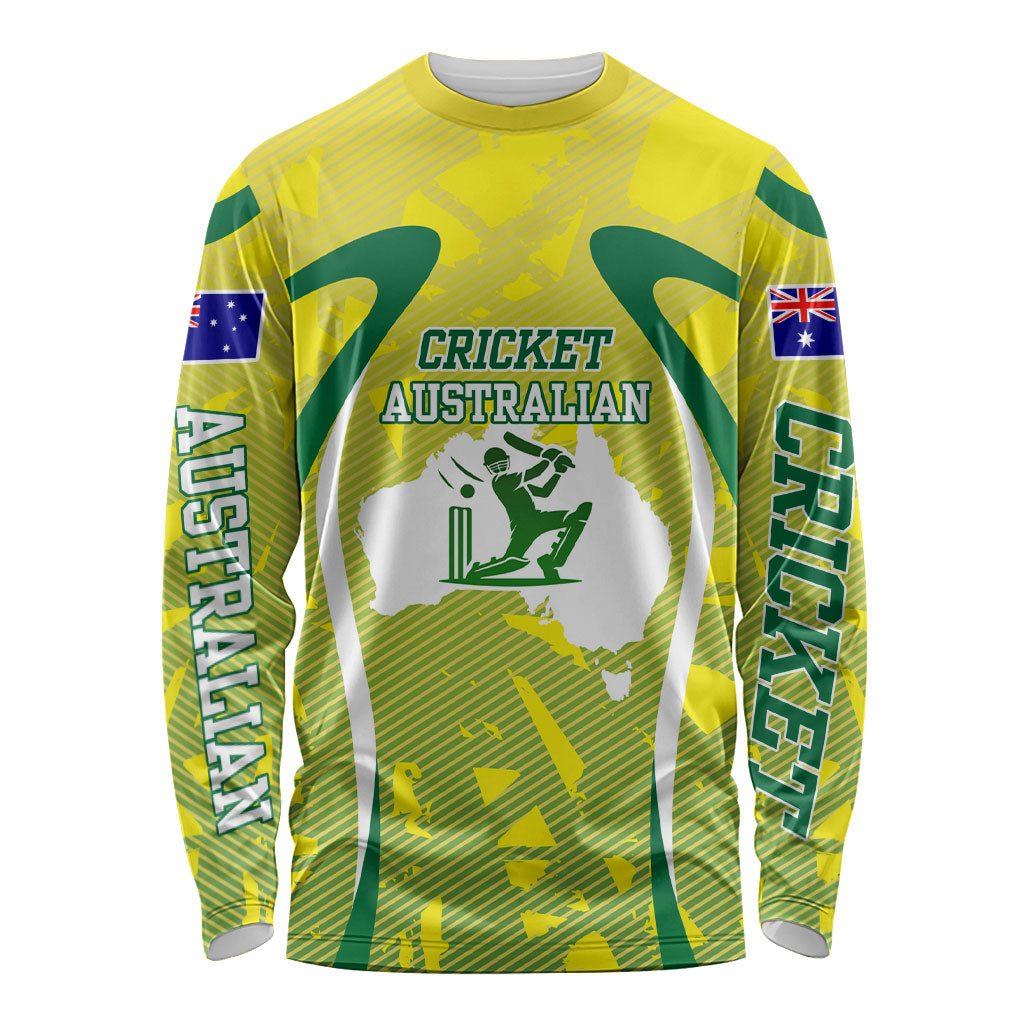 Cricket Australian Long Sleeve Shirt Map Silhouette With Green And Gold Geometric Pattern