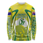 Cricket Australian Long Sleeve Shirt Map Silhouette With Green And Gold Geometric Pattern