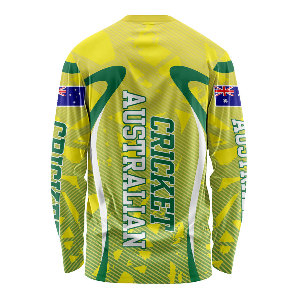 Cricket Australian Long Sleeve Shirt Map Silhouette With Green And Gold Geometric Pattern