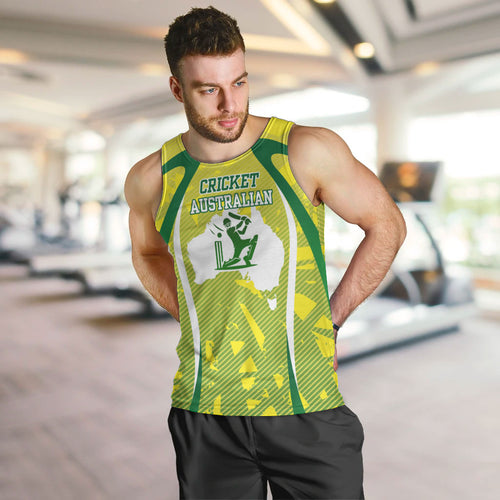 Cricket Australian Men Tank Top Map Silhouette With Green And Gold Geometric Pattern