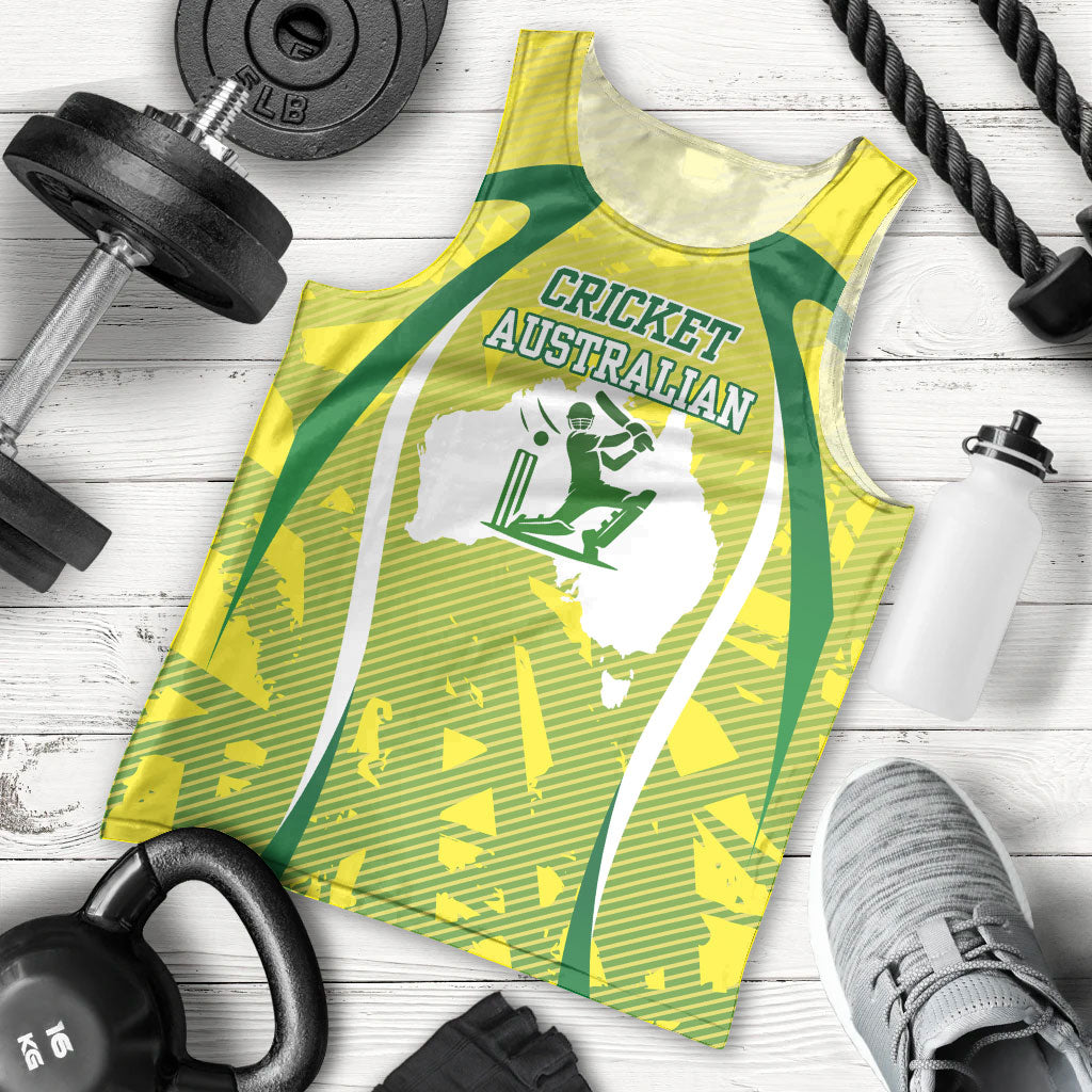 Cricket Australian Men Tank Top Map Silhouette With Green And Gold Geometric Pattern