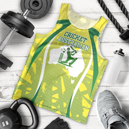 Cricket Australian Men Tank Top Map Silhouette With Green And Gold Geometric Pattern