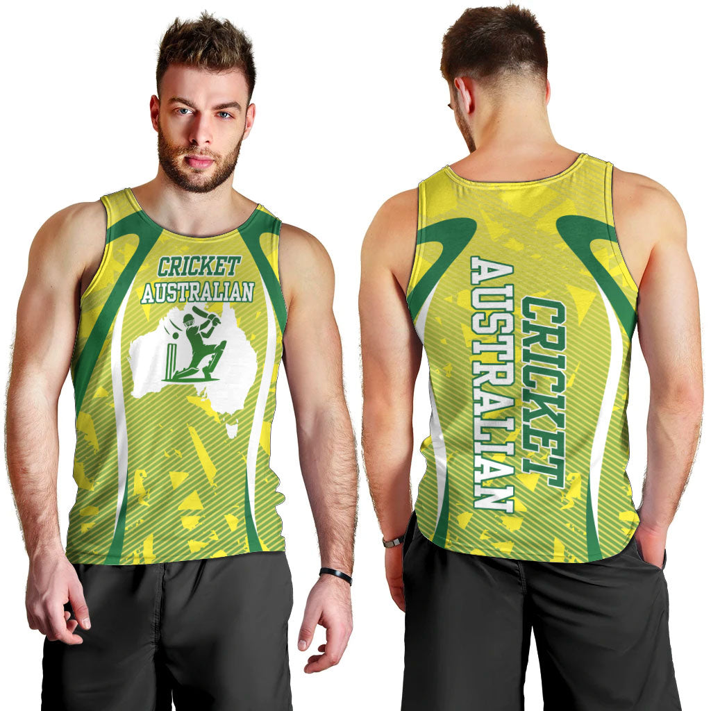 Cricket Australian Men Tank Top Map Silhouette With Green And Gold Geometric Pattern