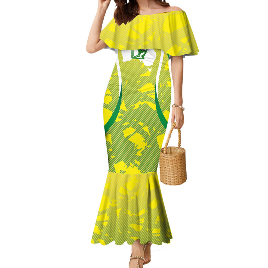 Cricket Australian Mermaid Dress Map Silhouette With Green And Gold Geometric Pattern