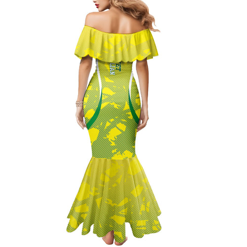Cricket Australian Mermaid Dress Map Silhouette With Green And Gold Geometric Pattern