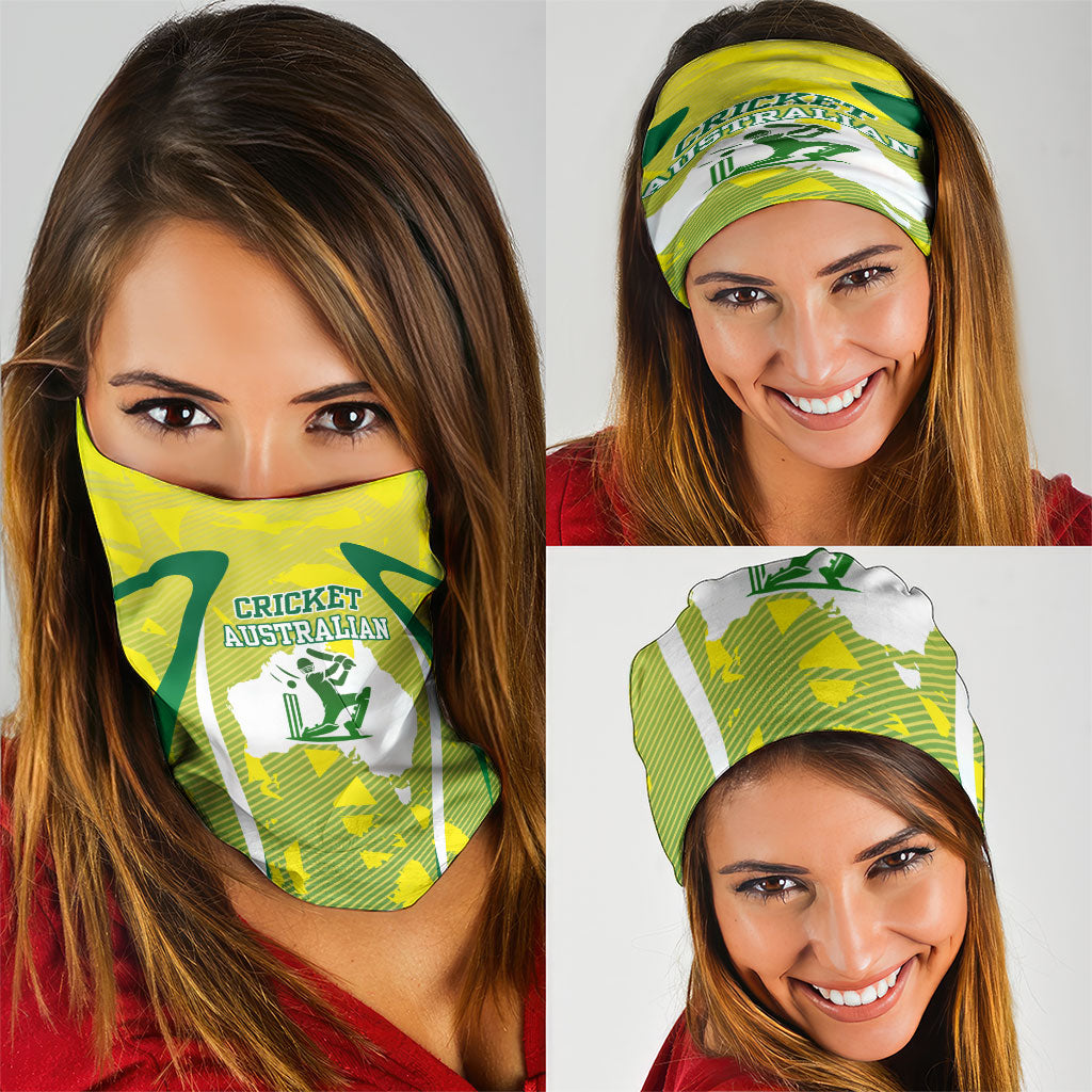 Cricket Australian Neck Gaiter Map Silhouette With Green And Gold Geometric Pattern