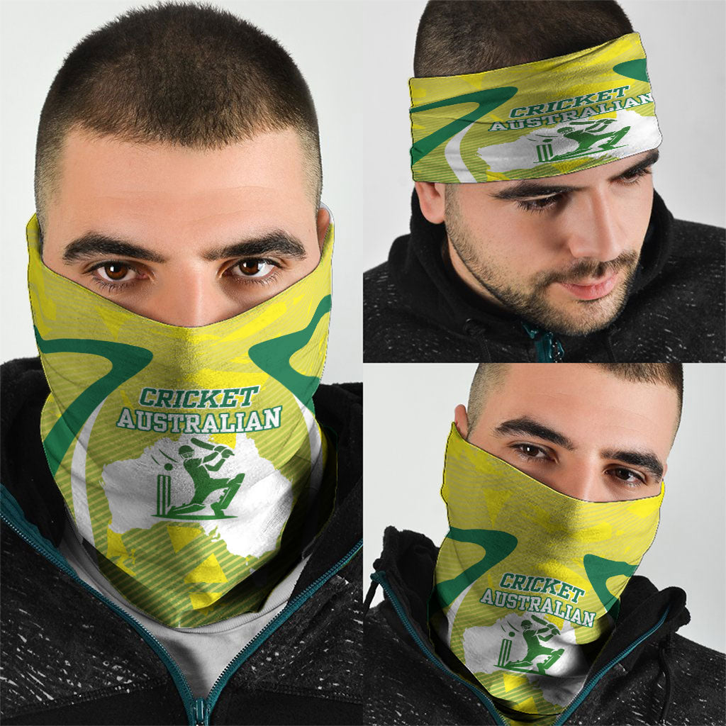 Cricket Australian Neck Gaiter Map Silhouette With Green And Gold Geometric Pattern